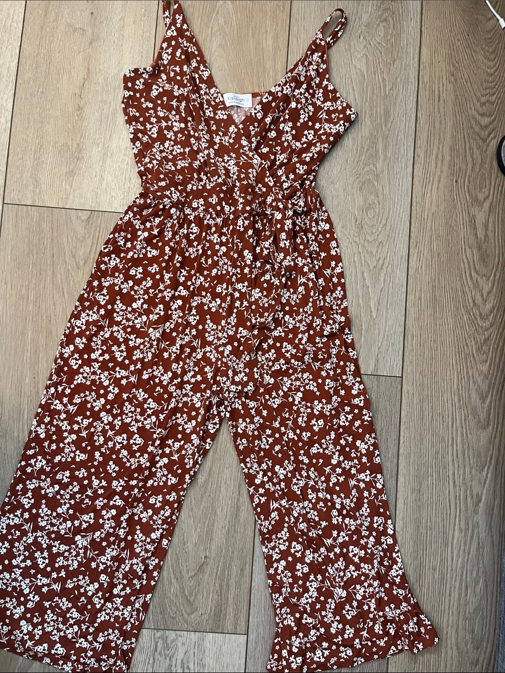Kaileigh Rust Floral Spaghetti-Strap Wide-Leg capri- Jumpsuit